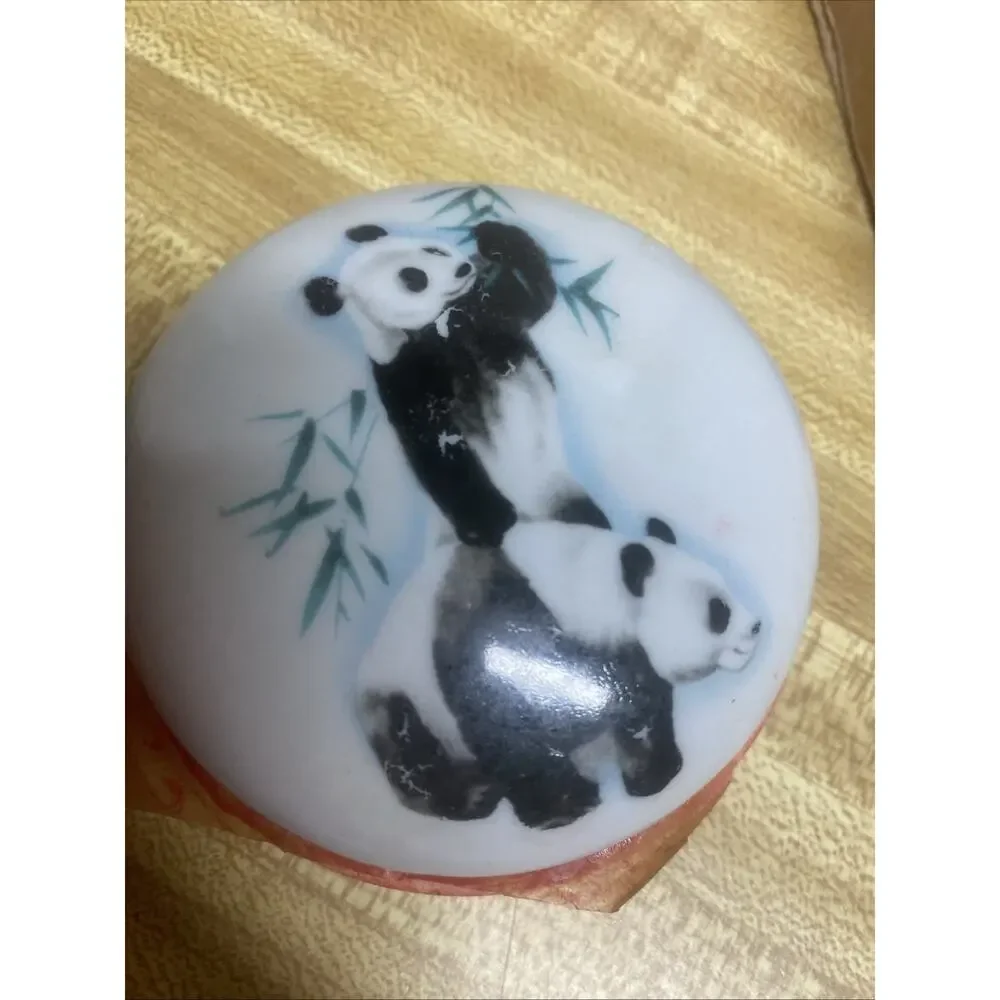 Vintage Hand Painted Japanese Panda Theme Porcelain Cosmetic Vanity Jar